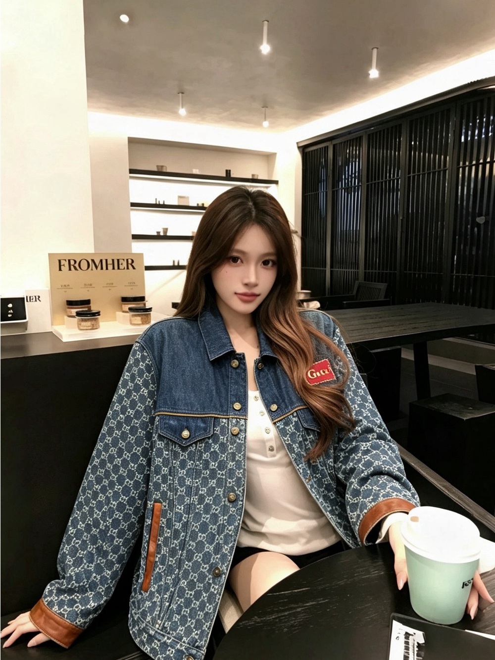 Gucci Blue GG Monogram Denim Jacket with Brown Leather Trim - Picture 6 of 7